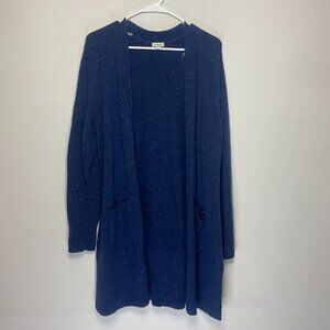 LL Bean Women M Duster Cardigan Sweater Wool Blend Navy Blue Speckle Open Front